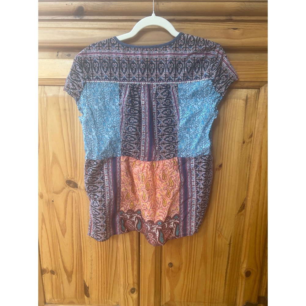 Sundance Patchwork Paisley Cotton Henley Top Blue Orange Boho Cap Sleeve - Picture 5 of 7